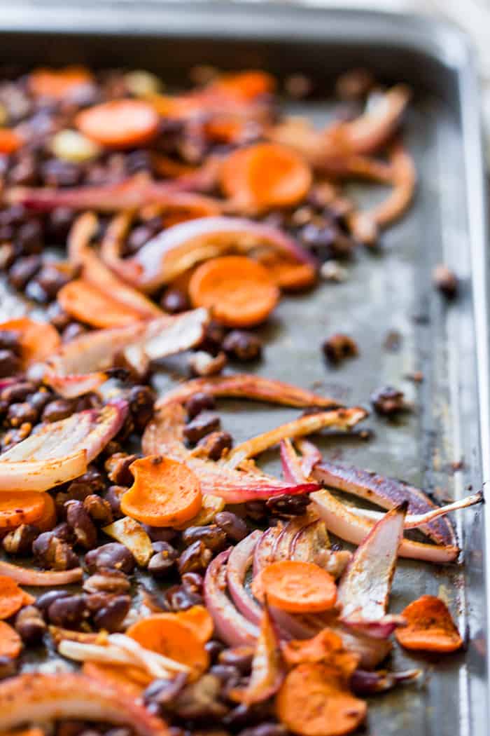 Sheet pan black bean tacos with carrots and lime