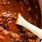 Classic beef chili in white dutch oven