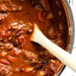 Classic beef chili in white dutch oven