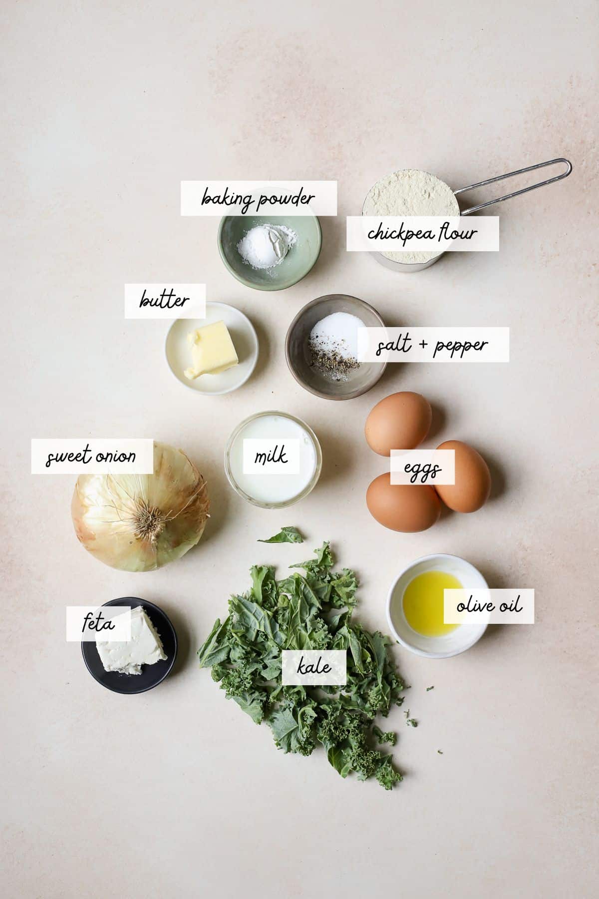 Ingredients needed to make crustless kale pie.