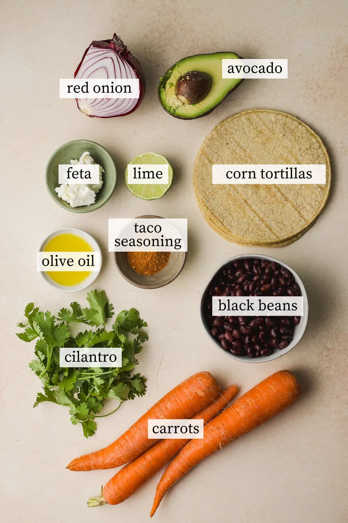 Black bean tacos with carrots ingredients.