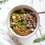 Bowl with rosemary oil beef and lentils