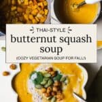 Thai butternut soup being blended and served in a bowl.