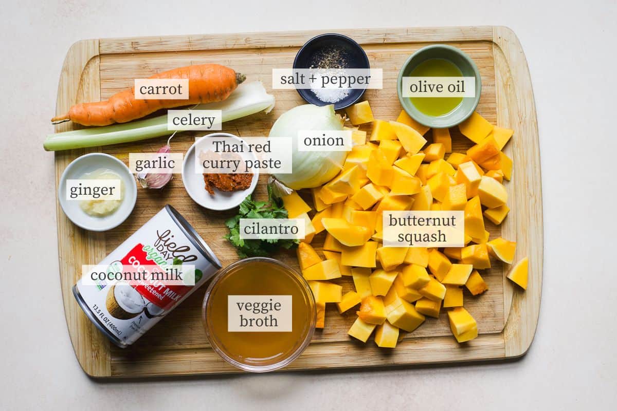 Ingredients need to make spiced butternut squash soup.