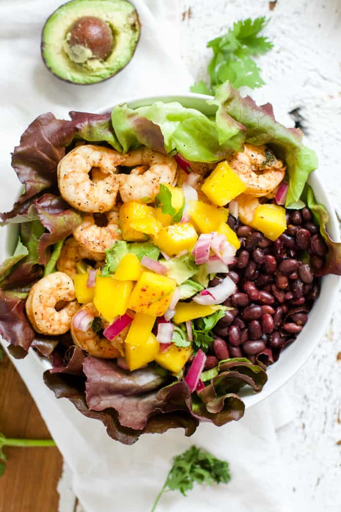 Chili lime shrimp and black beans with mango salsa.