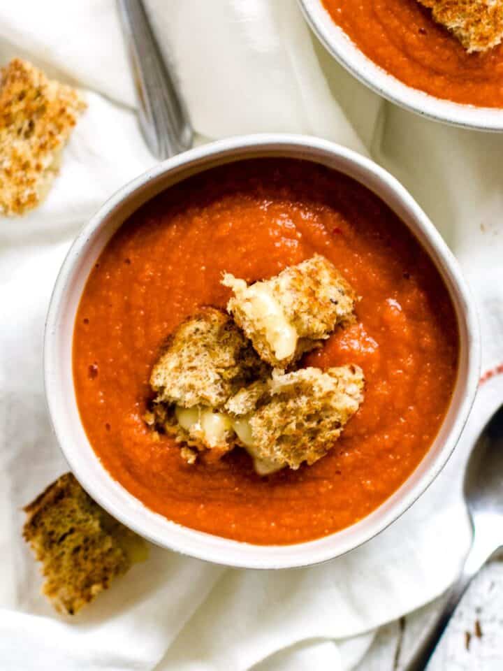 Harissa tomato soup with grilled cheese croutons.