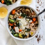 Bowl of lemony chicken sausage and farro soup