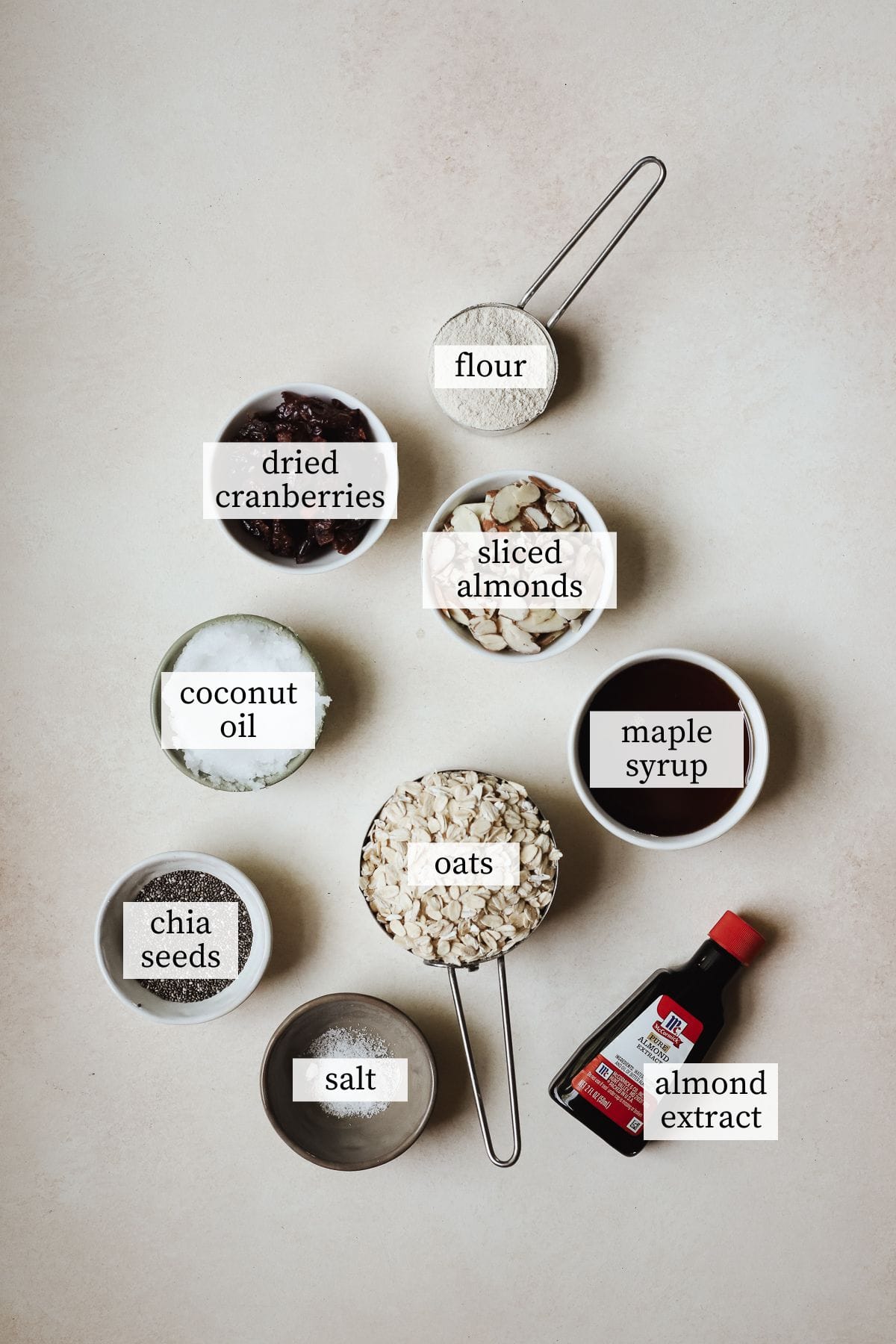 Ingredients needed to make cranberry almond granola.