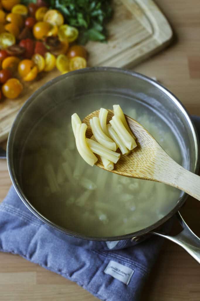Spoonful of cooked pasta for tuna pasta salad.