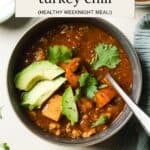 Simple sweet potato and turkey chili in a bowl with avocado and cilantro on top.