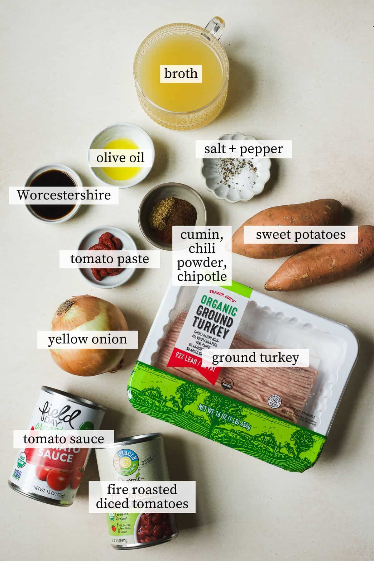 Ingredients needed to make sweet potato and turkey chili.