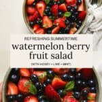 Watermelon fruit salad with lime and mint in a bowl garnished with fresh mint leaves.
