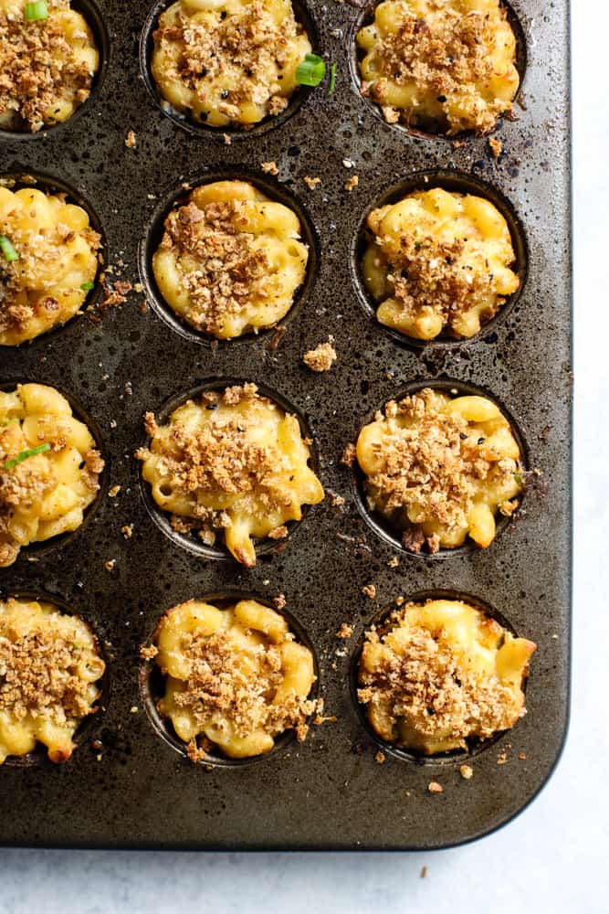Healthy mac and cheese bites in mini muffin tin