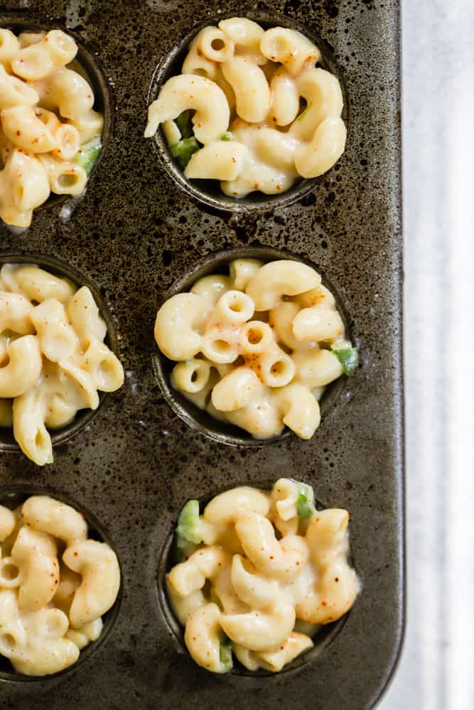 Mac and cheese in mini muffin tin cups