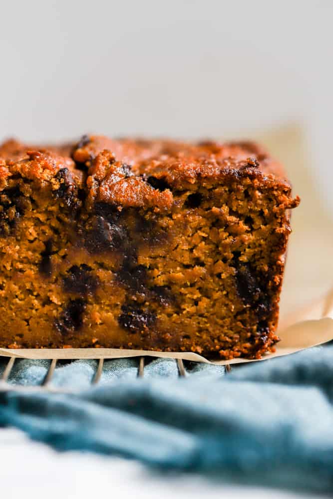 Inside of loaf of healthy pumpkin chocolate chip bread