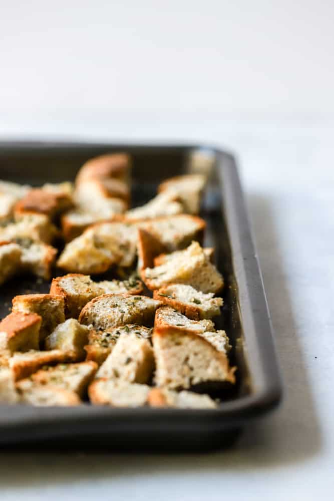 Baked croutons on sheet pan