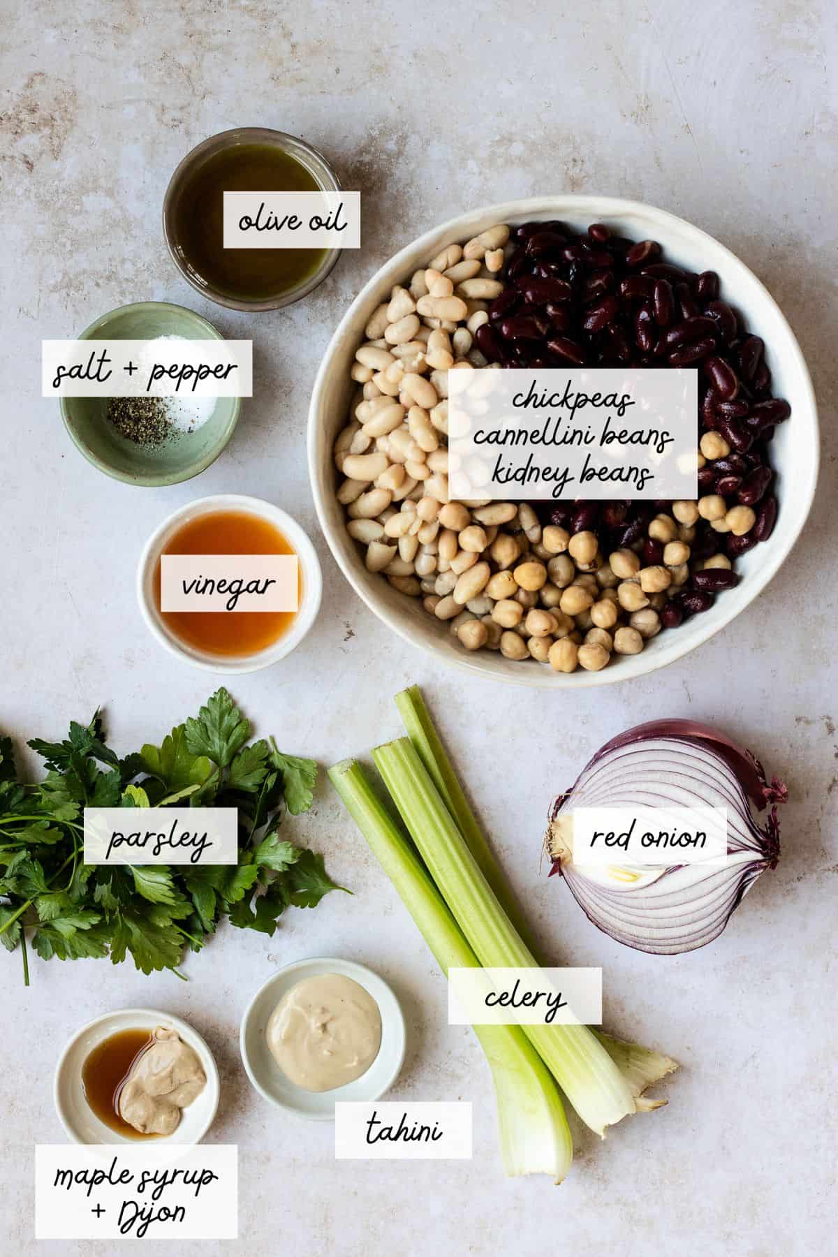 Ingredients needed to make modern three bean salad.