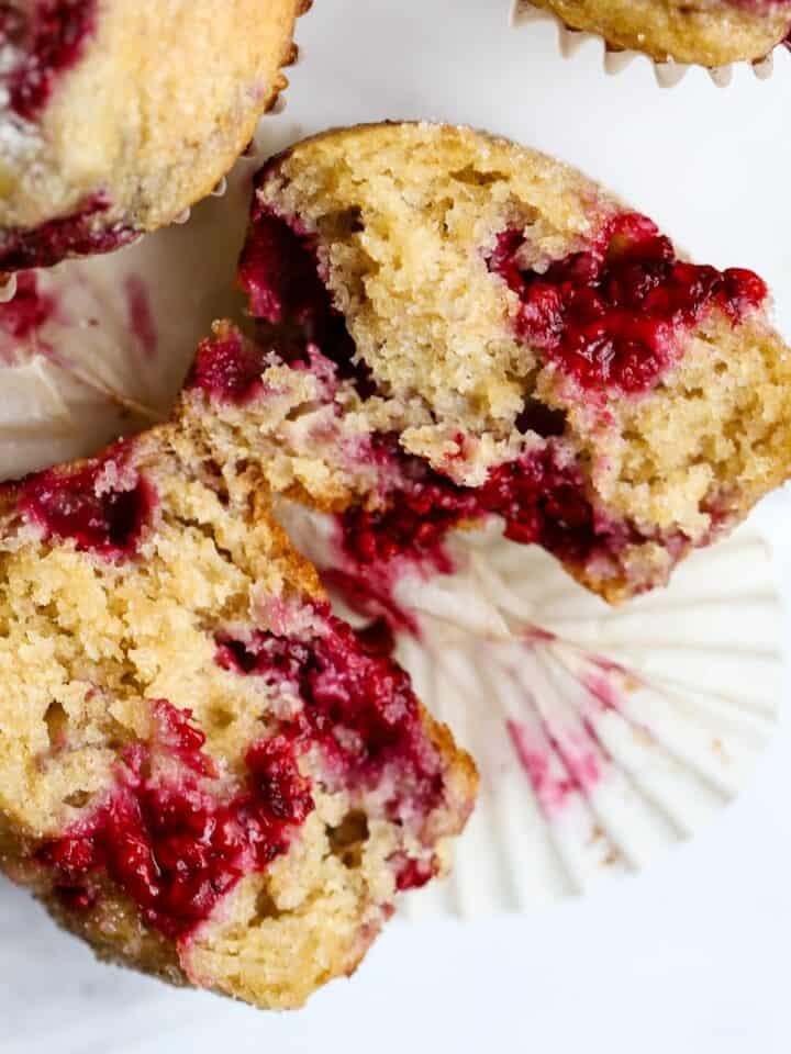 Raspberry lemon muffin made with Greek yogurt.