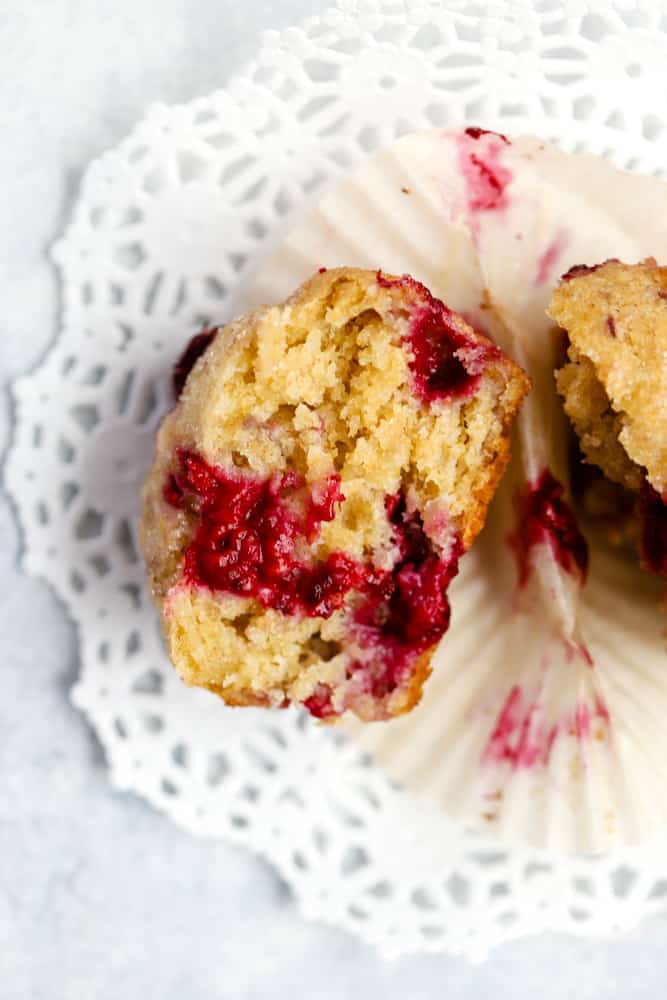 Deliciously moist raspberry lemon muffin.