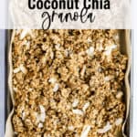 Simple coconut chia granola on parchment paper lined sheet pan