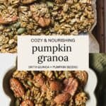 Homemade pumpkin granola on a sheet pan and in a bowl.