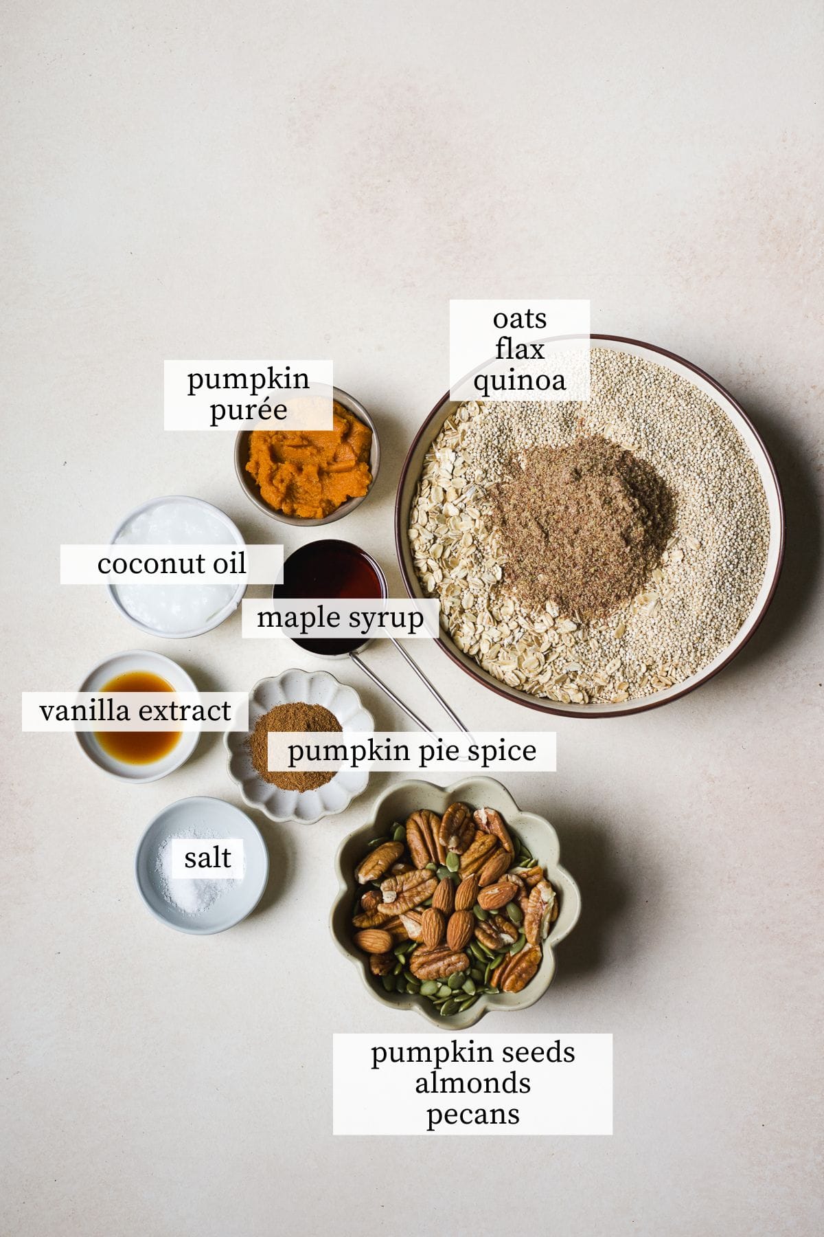 Ingredients needed to make this pumpkin granola recipe.