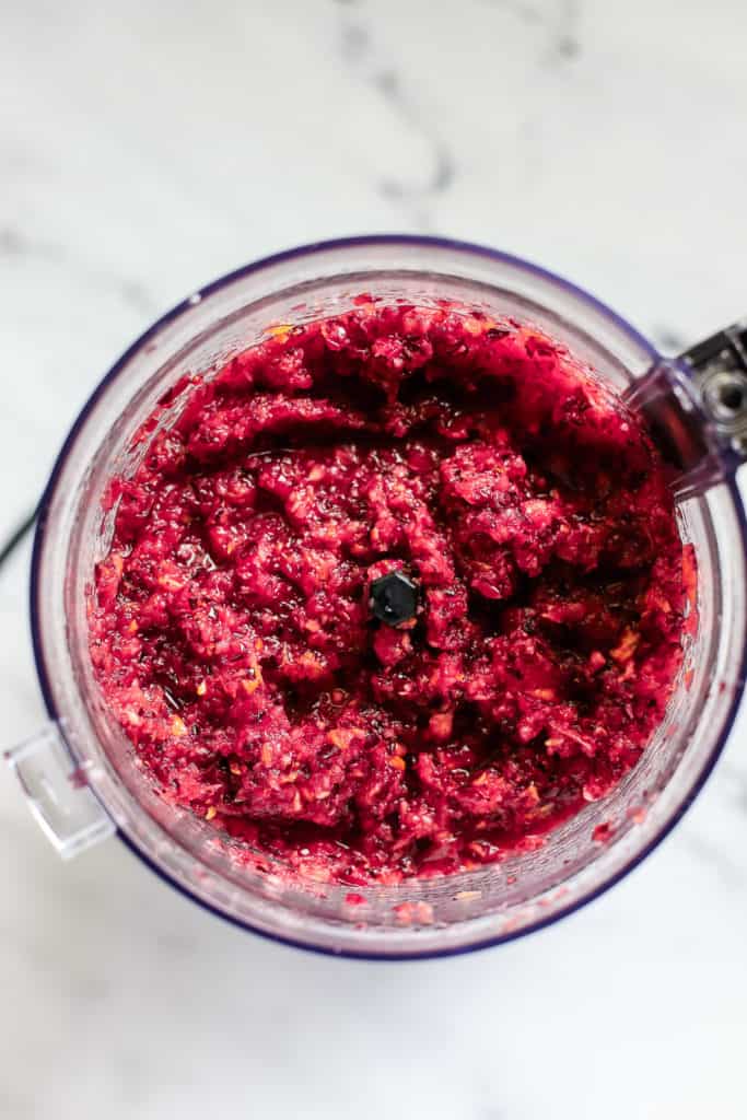 Cranberry relish in food processor after ingredients were blended