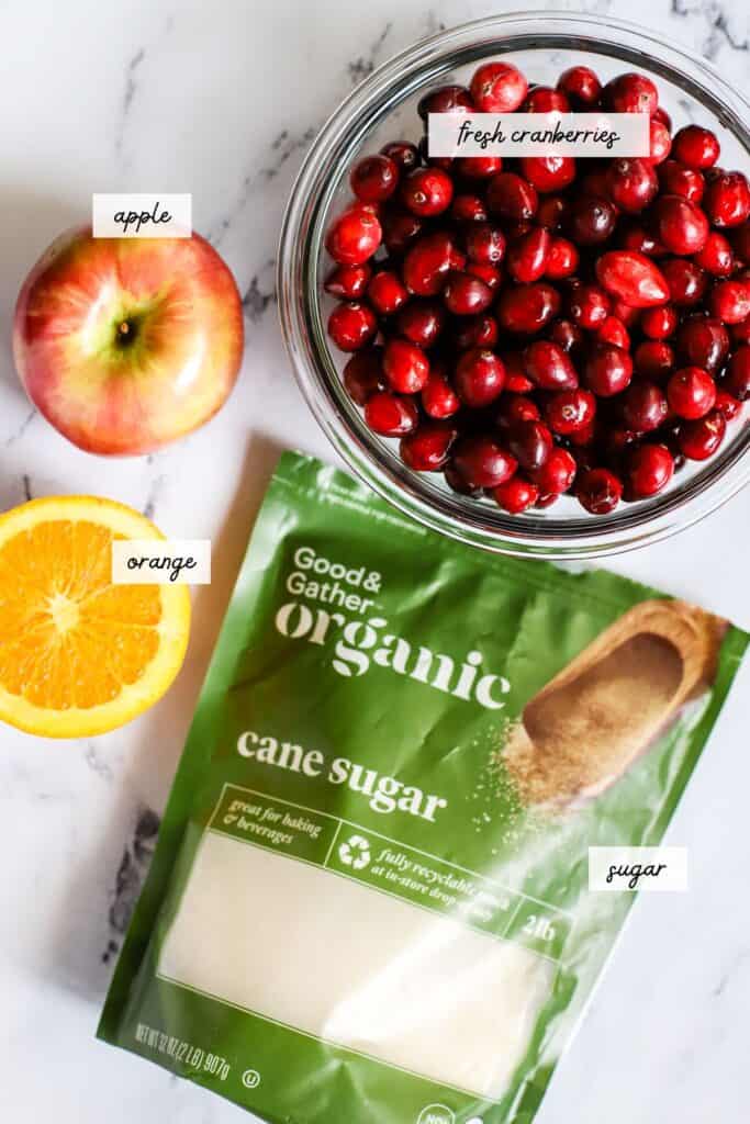 Fresh cranberries, an apple, orange, and organic cane sugar.