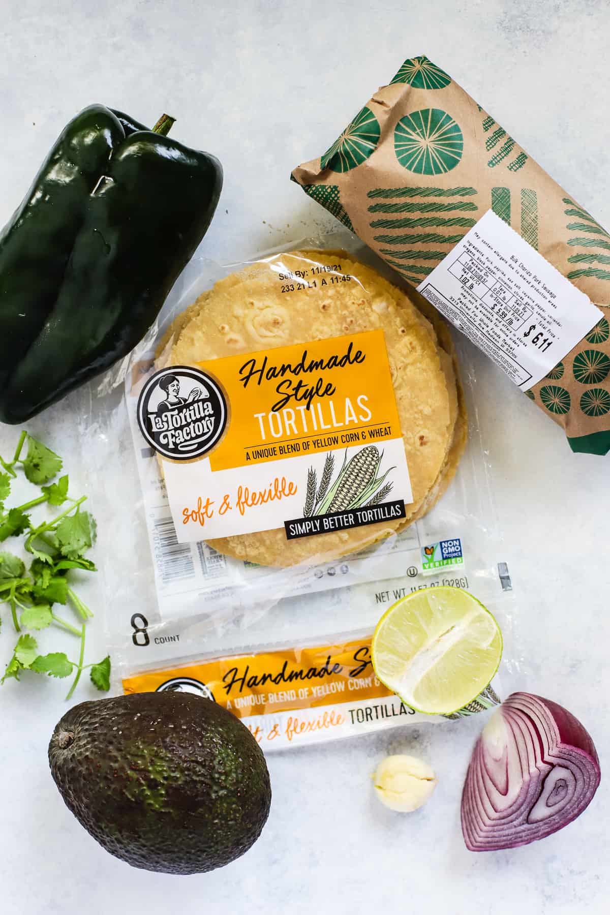 Ingredients for making chorizo tacos with poblanos.