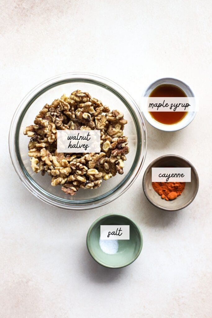 Ingredients for maple cayenne toasted walnuts.