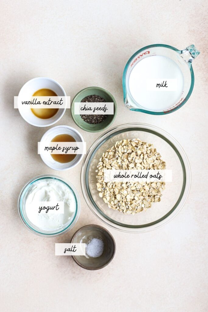 Ingredients needed to make protein overnight oats.