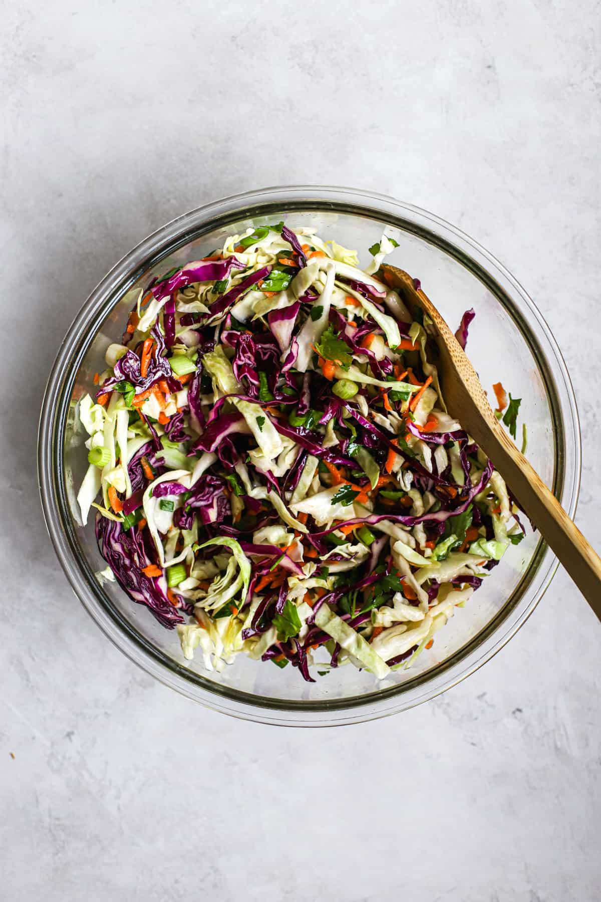 Green and red cabbage, carrots, green onions, and parsley tossed together in healthy coleslaw vinaigrette, in clear glass bowl with wooden spoon.