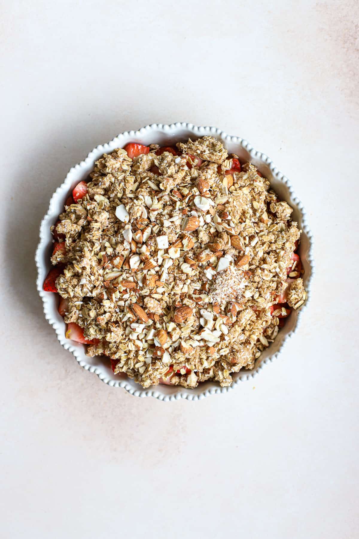 Strawberry filling and with crisp topping before baking. 