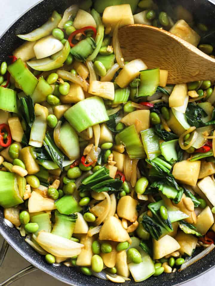 Pad pak in sauté pan with simple Thai stir fry sauce