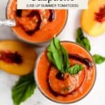 Tomato peach gazpacho with balsamic swirl and fresh basil.