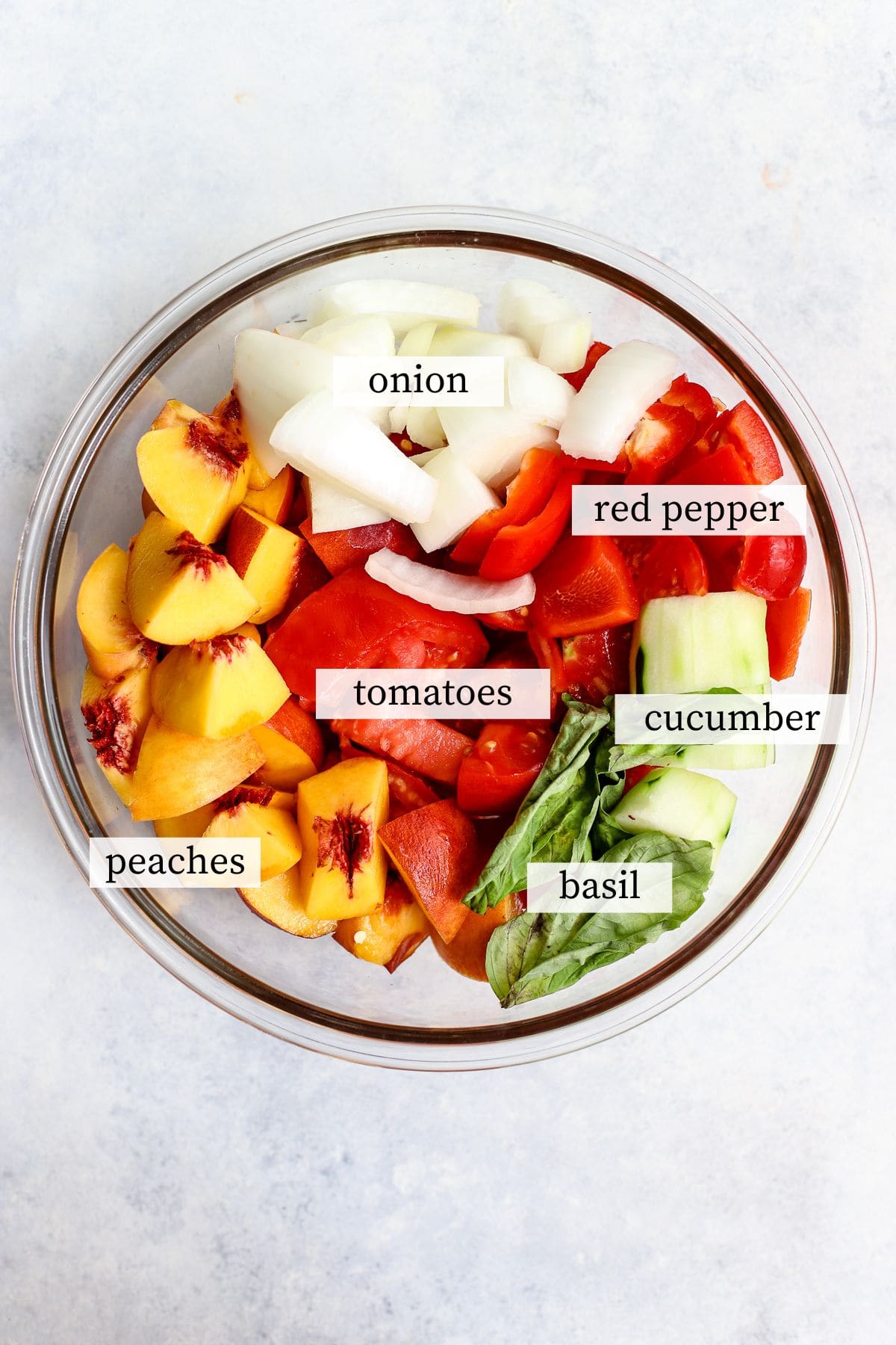 Tomato peach gazpacho ingredients.