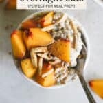 Peach pie overnight oats in small white bowl.