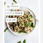 Cucumber quinoa salad on a small white plate with a fork.