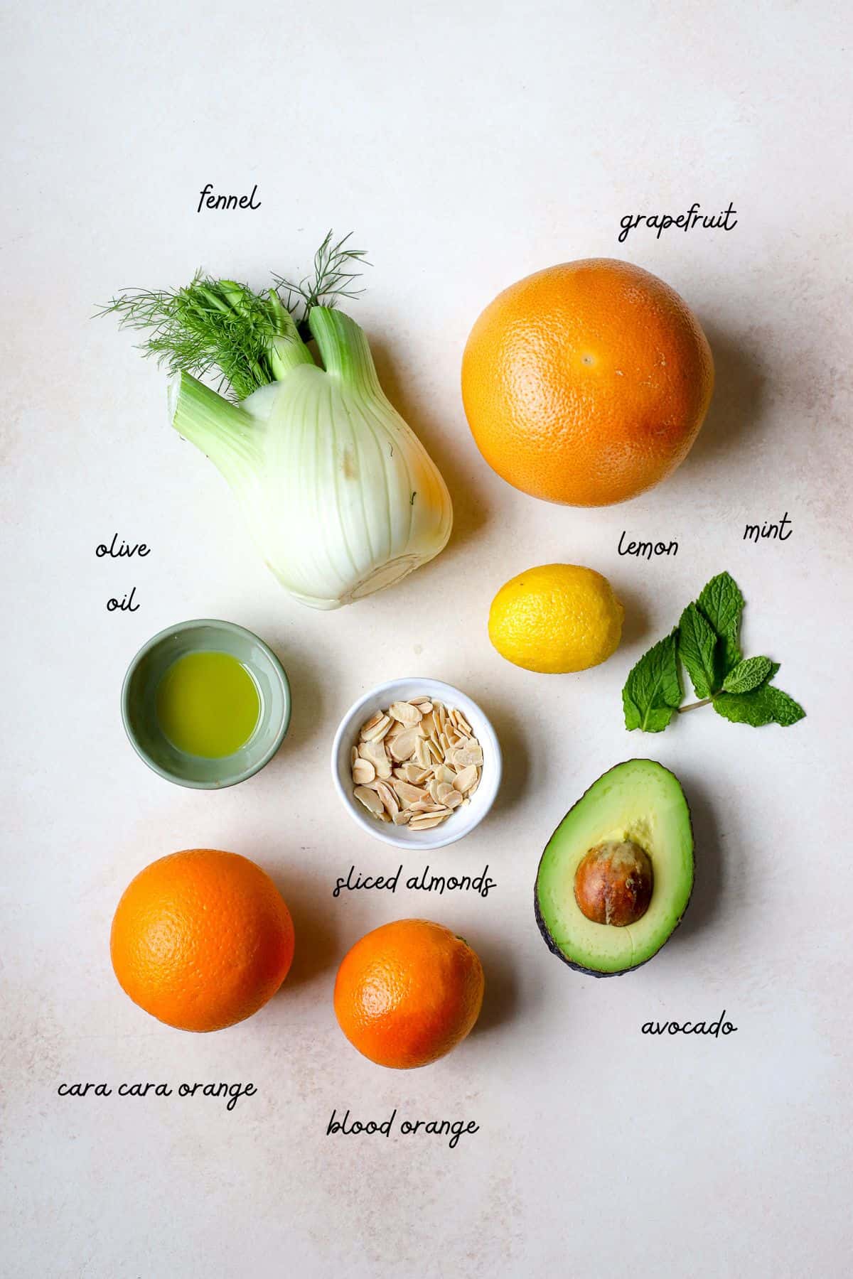 Ingredients to make a citrus salad sit out on a beige and cream surface, including a fennel bulb, whole grapefruit, whole Cara Cara orange, whole blood orange, a lemon, mint leaves, a halved avocado, olive oil, and sliced almonds.