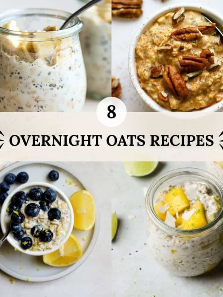 Protein overnight oats in a jar, pumpkin overnight oats in a bowl, blueberry lemon overnight oats in a bowl, and mango lime overnight oats in a jar.