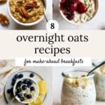 Various overnight oats flavors in small jars and bowls, including: pumpkin pie, cherry lime, blueberry lemon, and protein overnight oats.