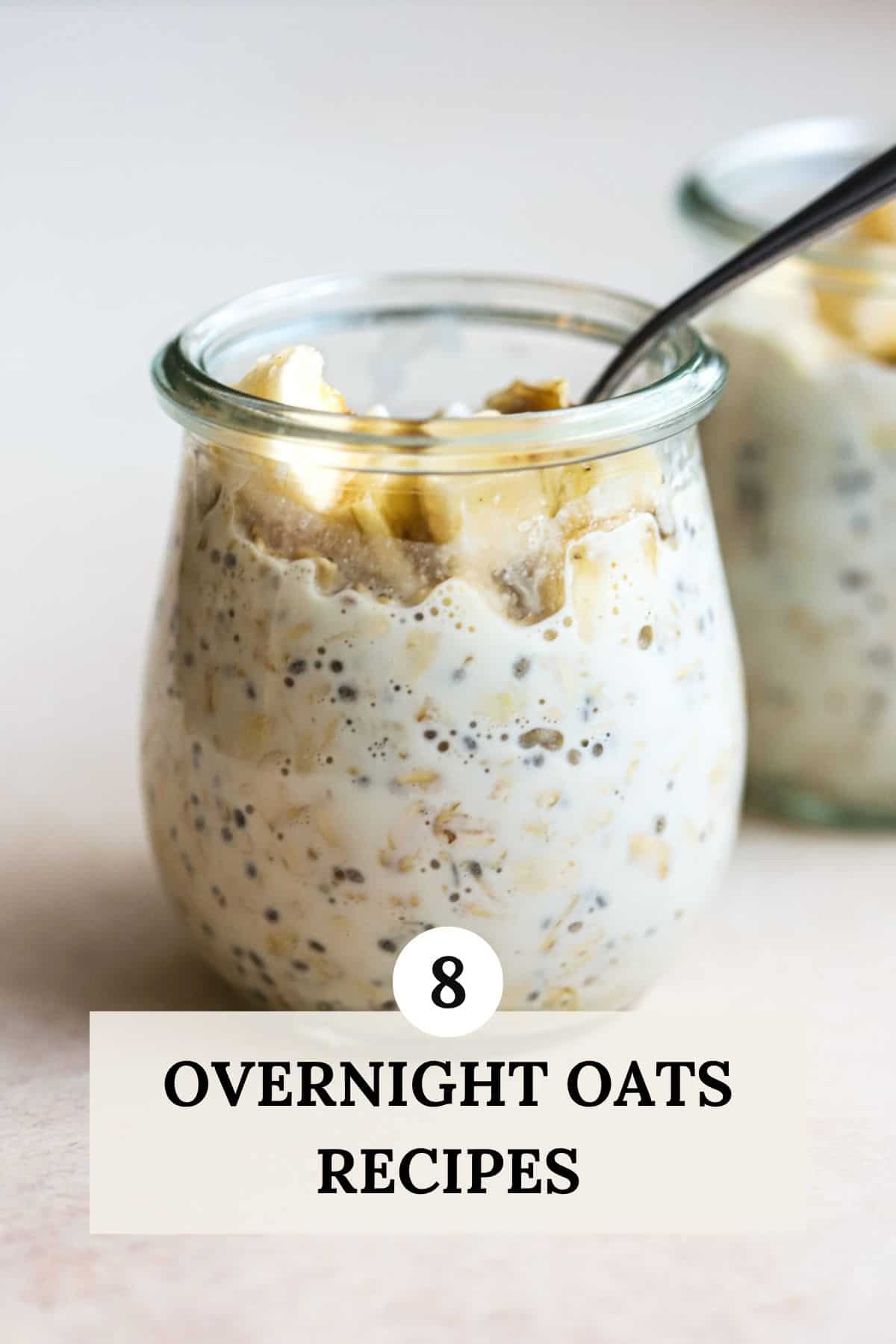 Overnight oats in a small jar with a spoon.
