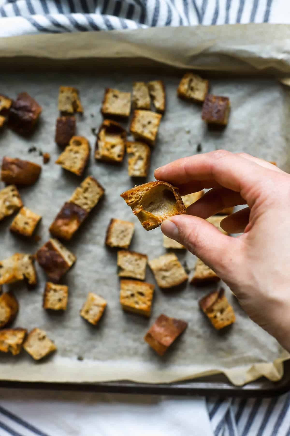 Homemade sourdough croutons on sheet pan with hand holding a crispy crouton.