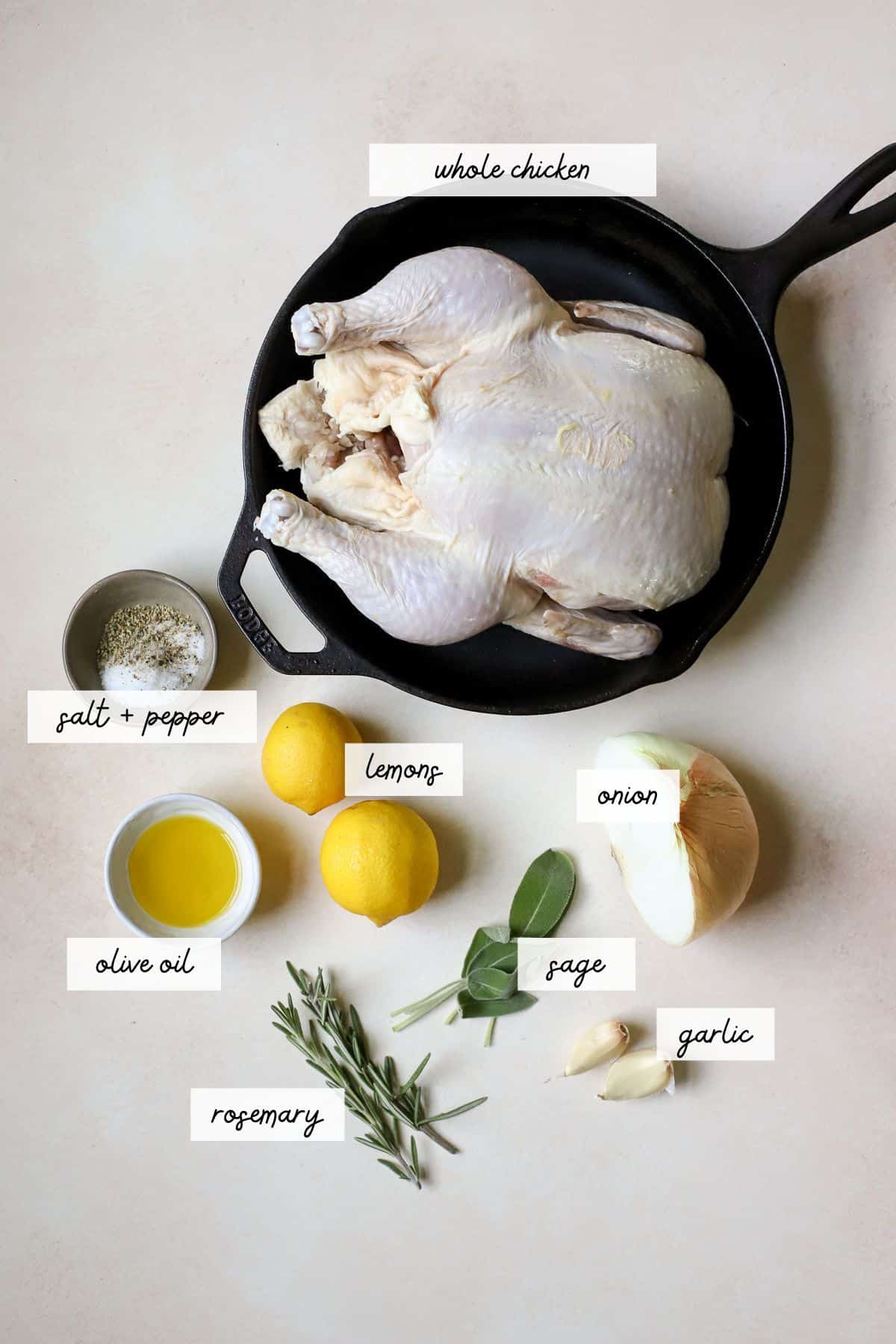 All the ingredients needed to roast a whole chicken.