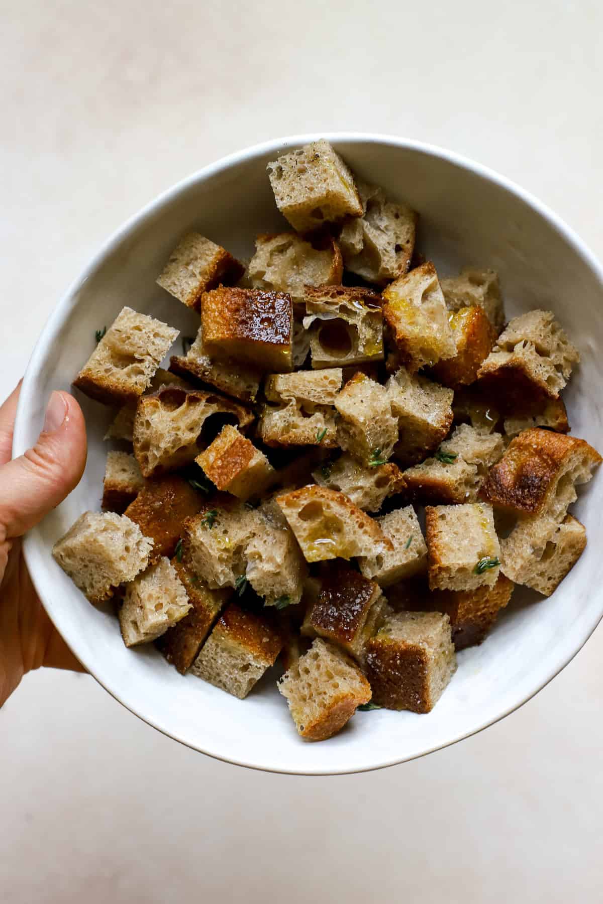Sourdough bread cubes seasoned in white bowl.