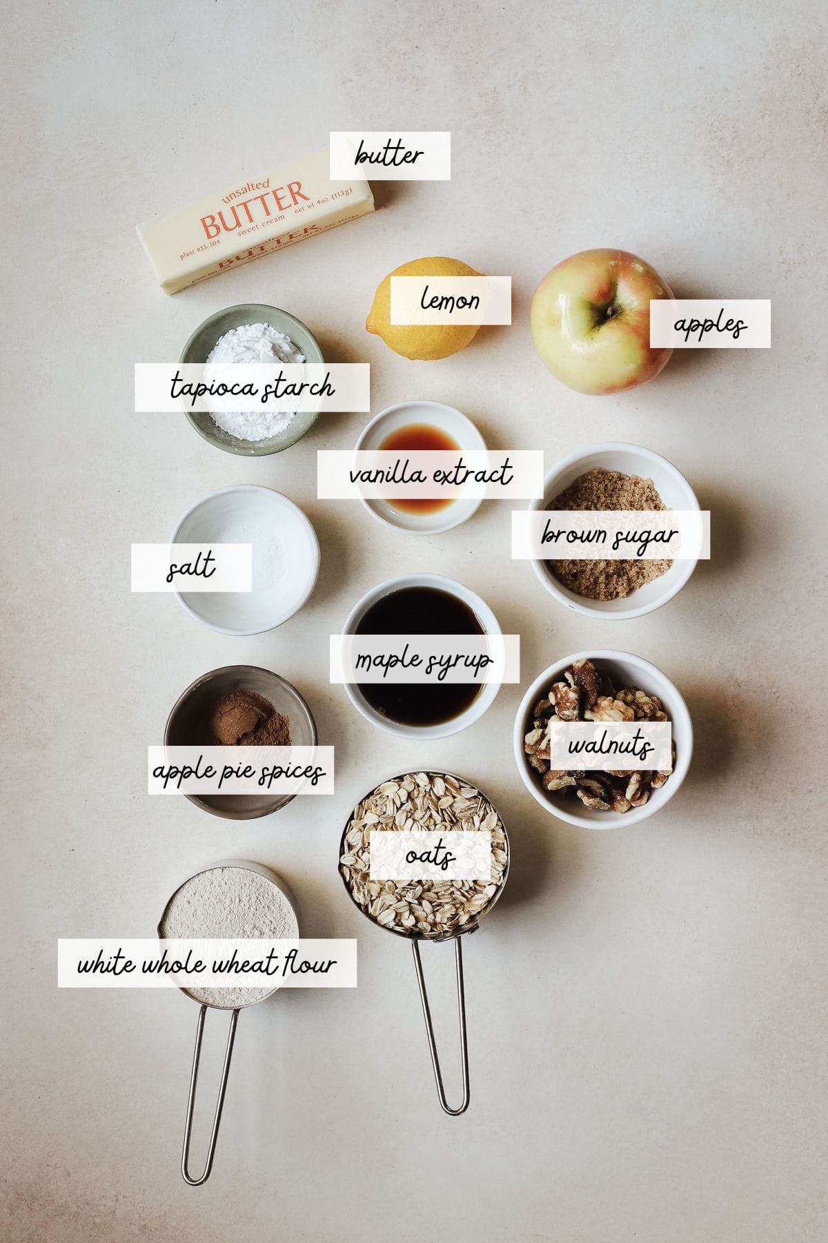 Ingredients needed to make a healthy apple crisp.