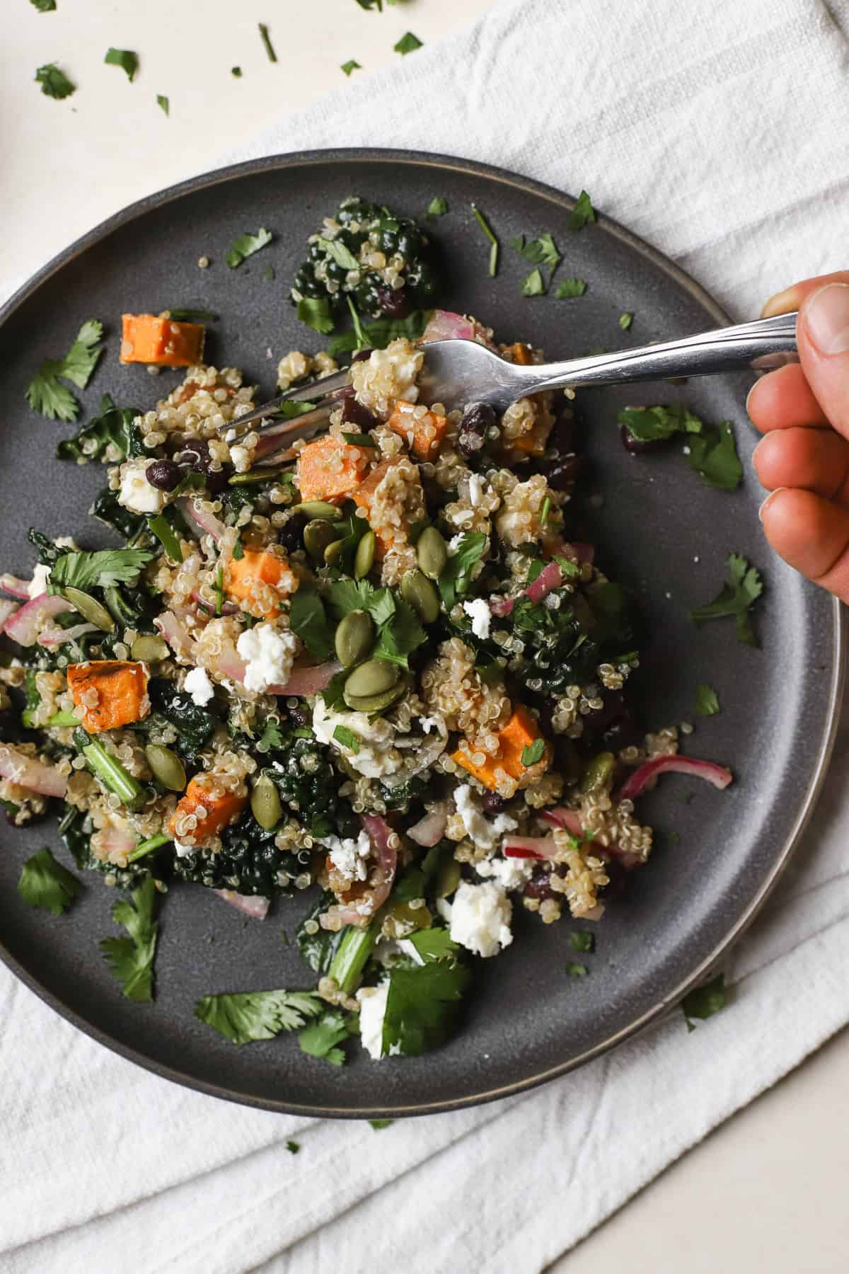 Black bean quinoa salad with sweet potatoes on gray plate with fork scooping up a bite.