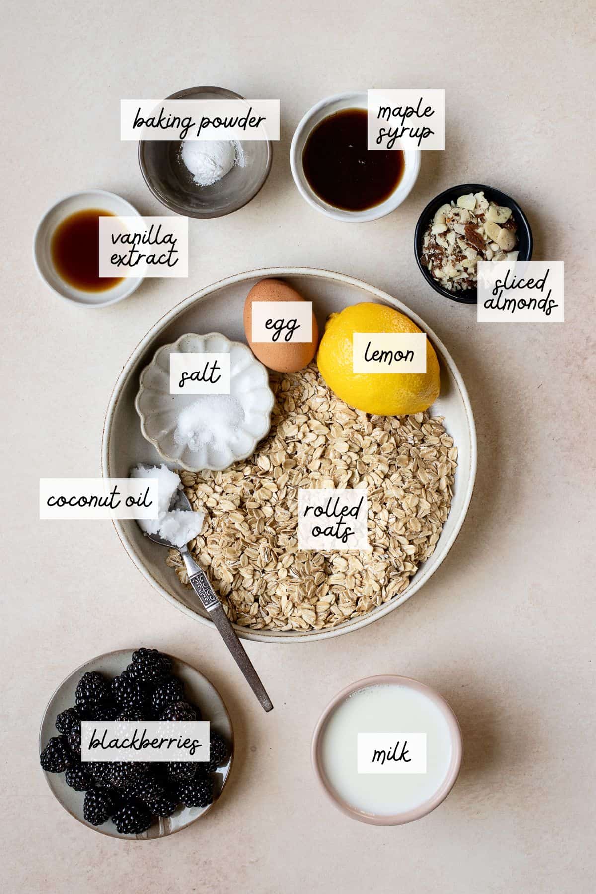 Blackberry baked oatmeal ingredients.