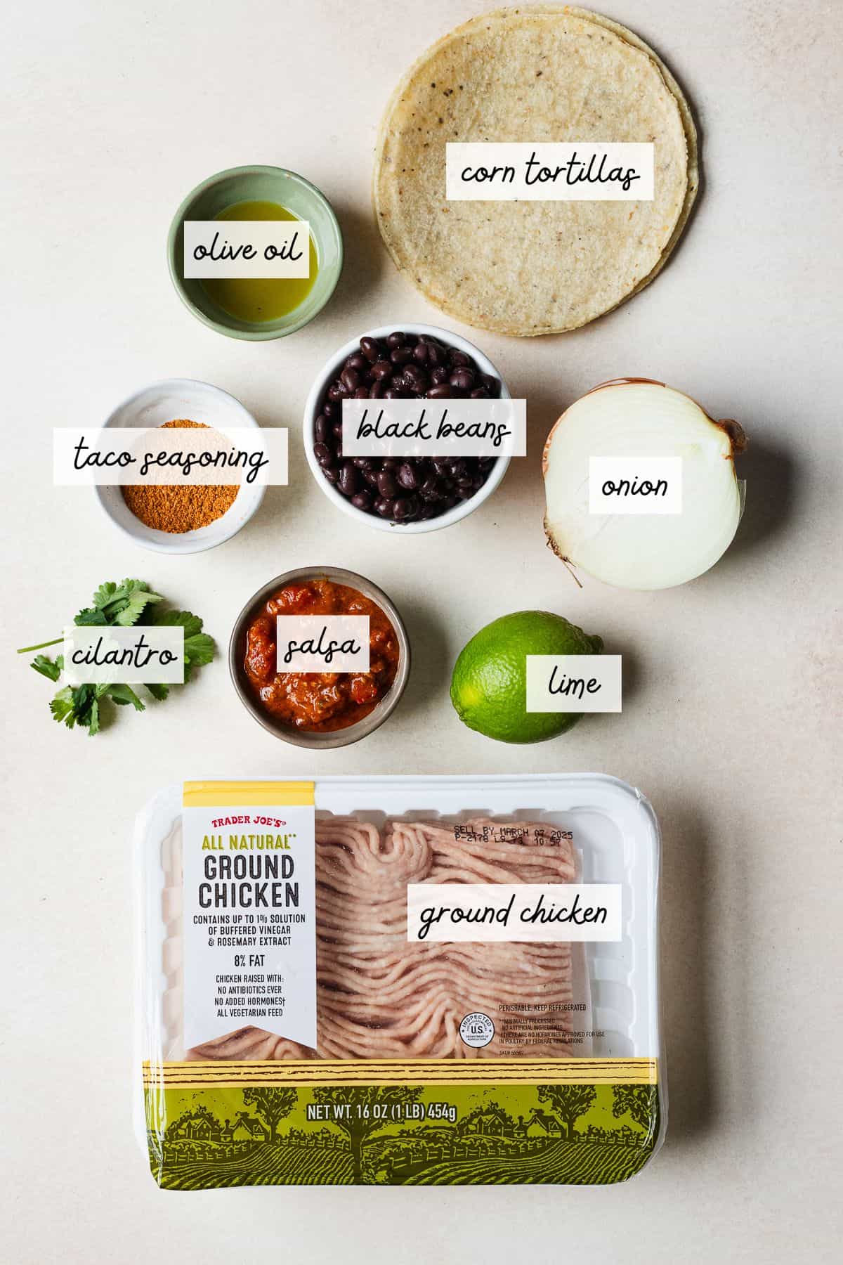 Ingredients required to make ground chicken tacos.