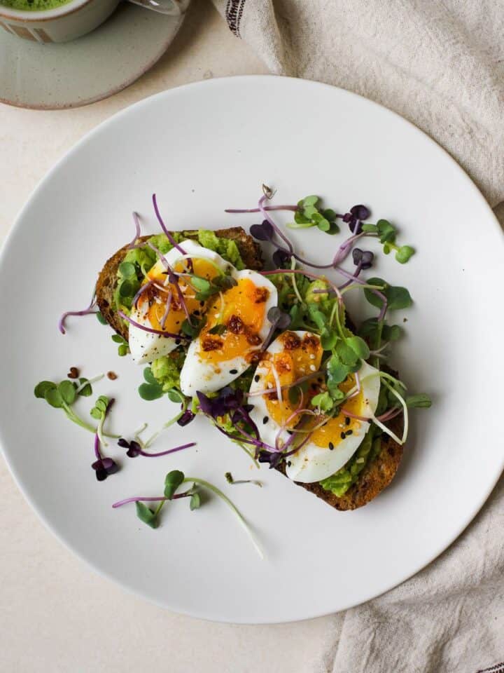 Jammy egg on avocado toast with matcha tea.